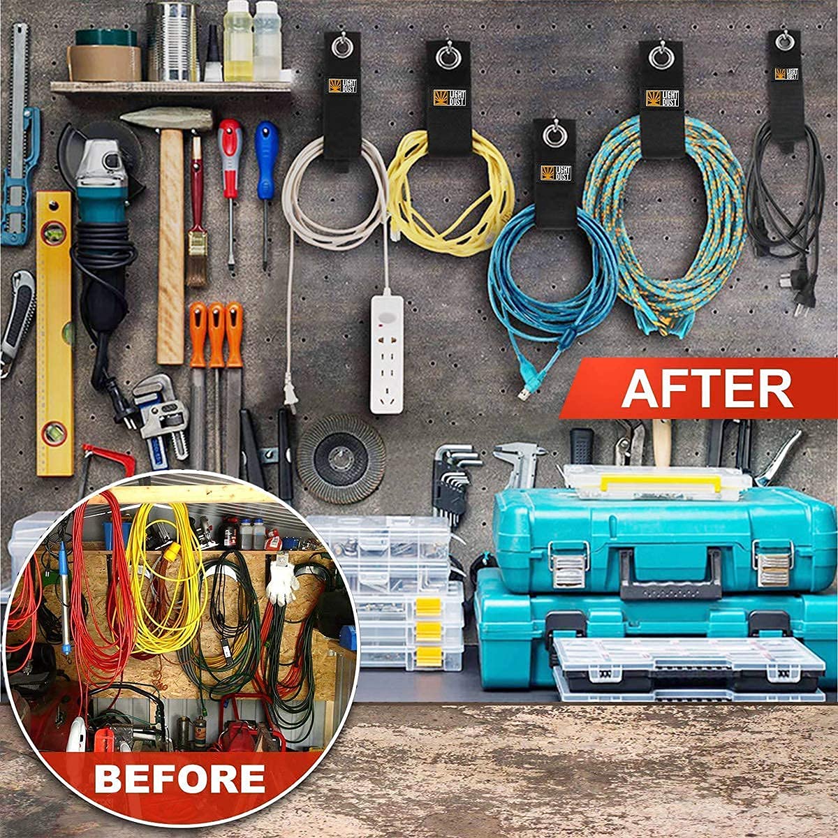 LIGHT DUST heavy-duty storage straps provide secure holding for cords, hoses, and ropes.