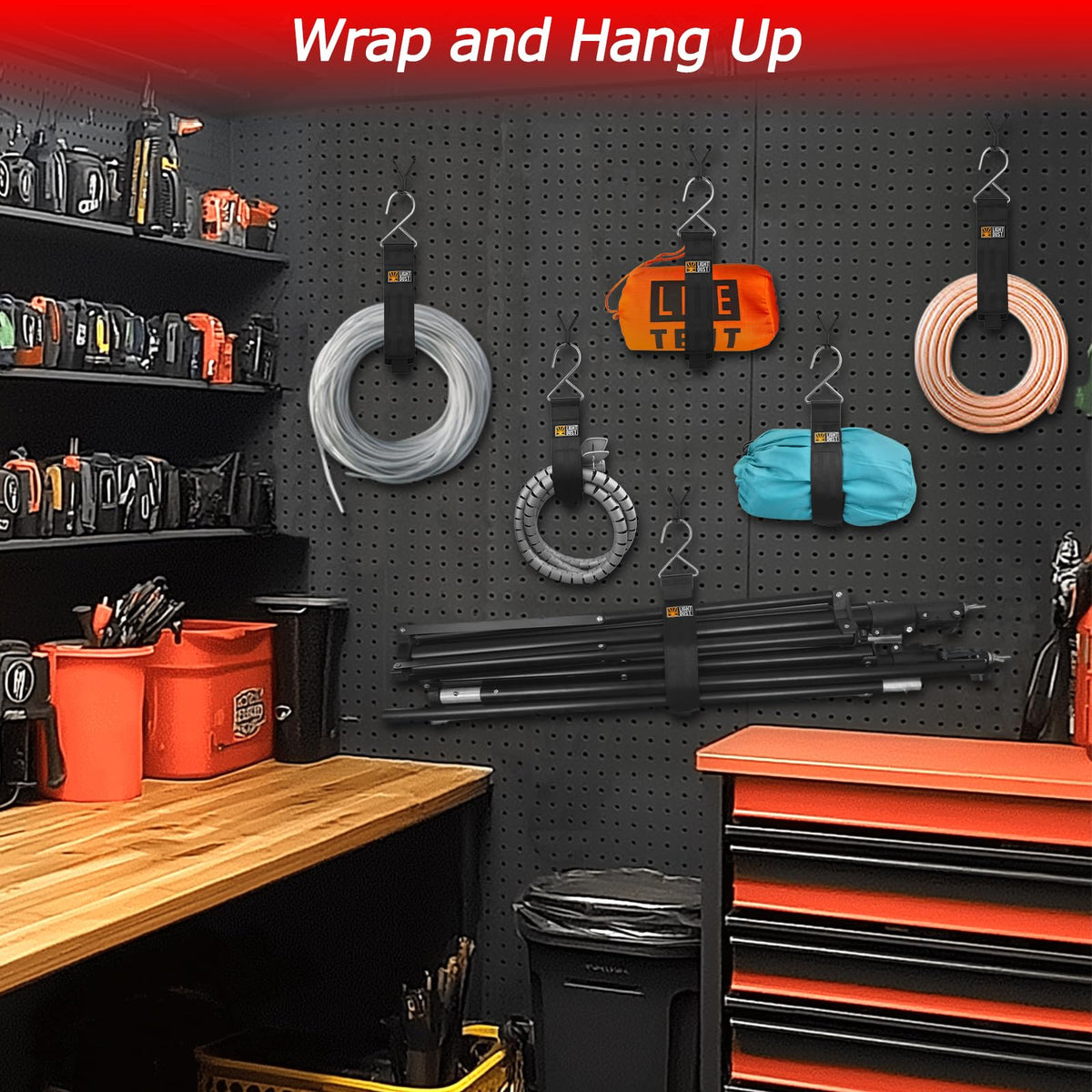 Light Dust metal hooks attached to shelving improve tool storage.