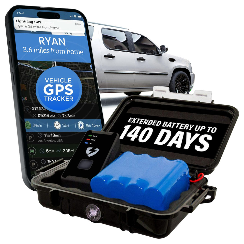 Lightning GPS GL300 front view showing compact tracker and durable case for easy placement