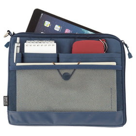 LIHIT LAB sleeve navy side pocket emphasizes extra storage for chargers and cables.