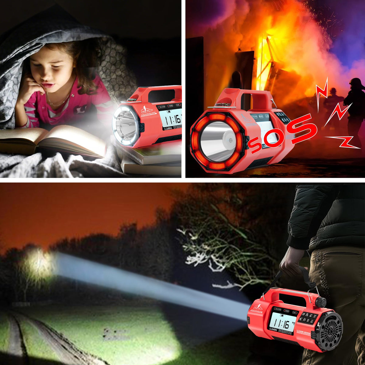 LIJIANI flashlight and SOS alarm detail highlighting visibility and signaling