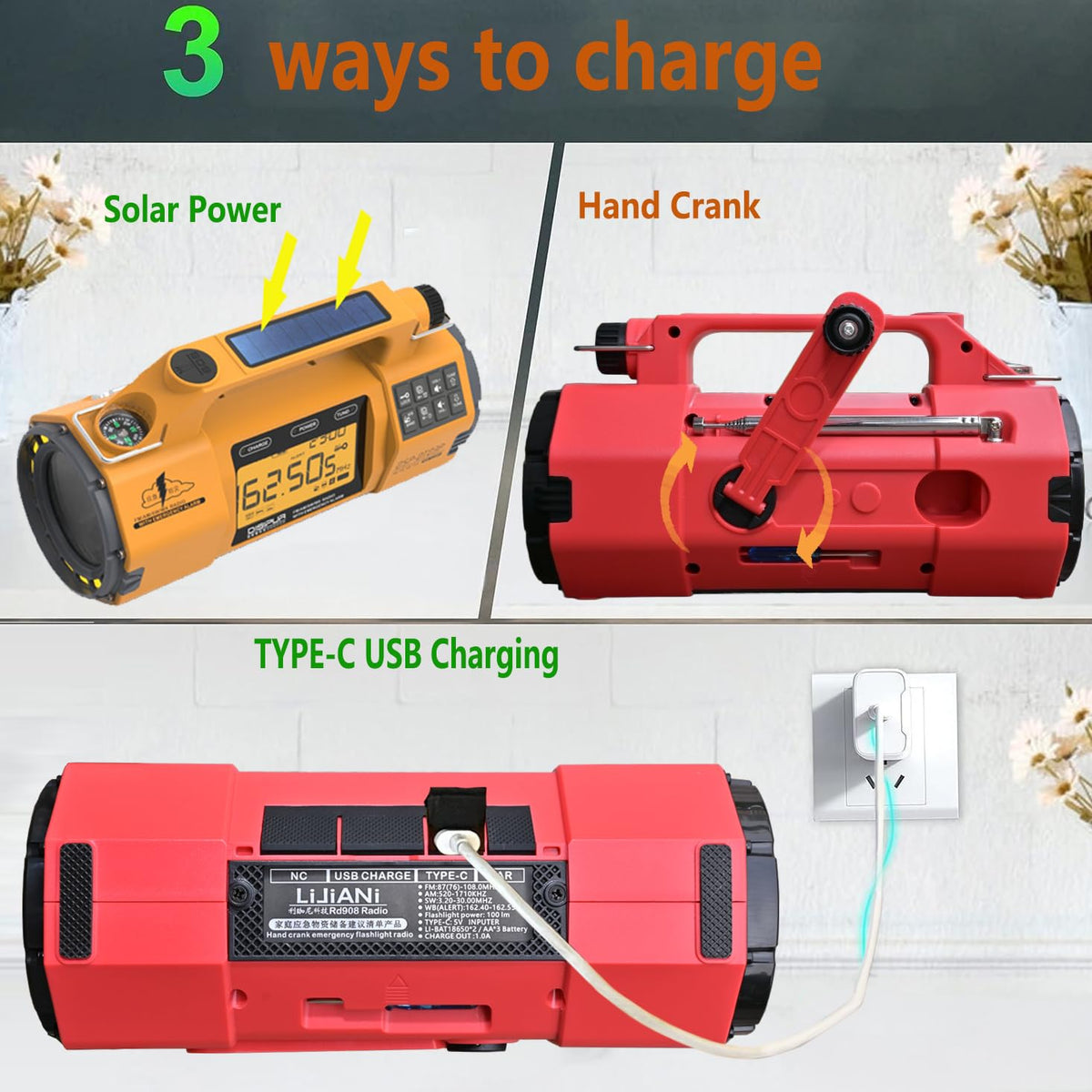 LIJIANI hand-crank and replaceable battery bay demonstrating flexible charging