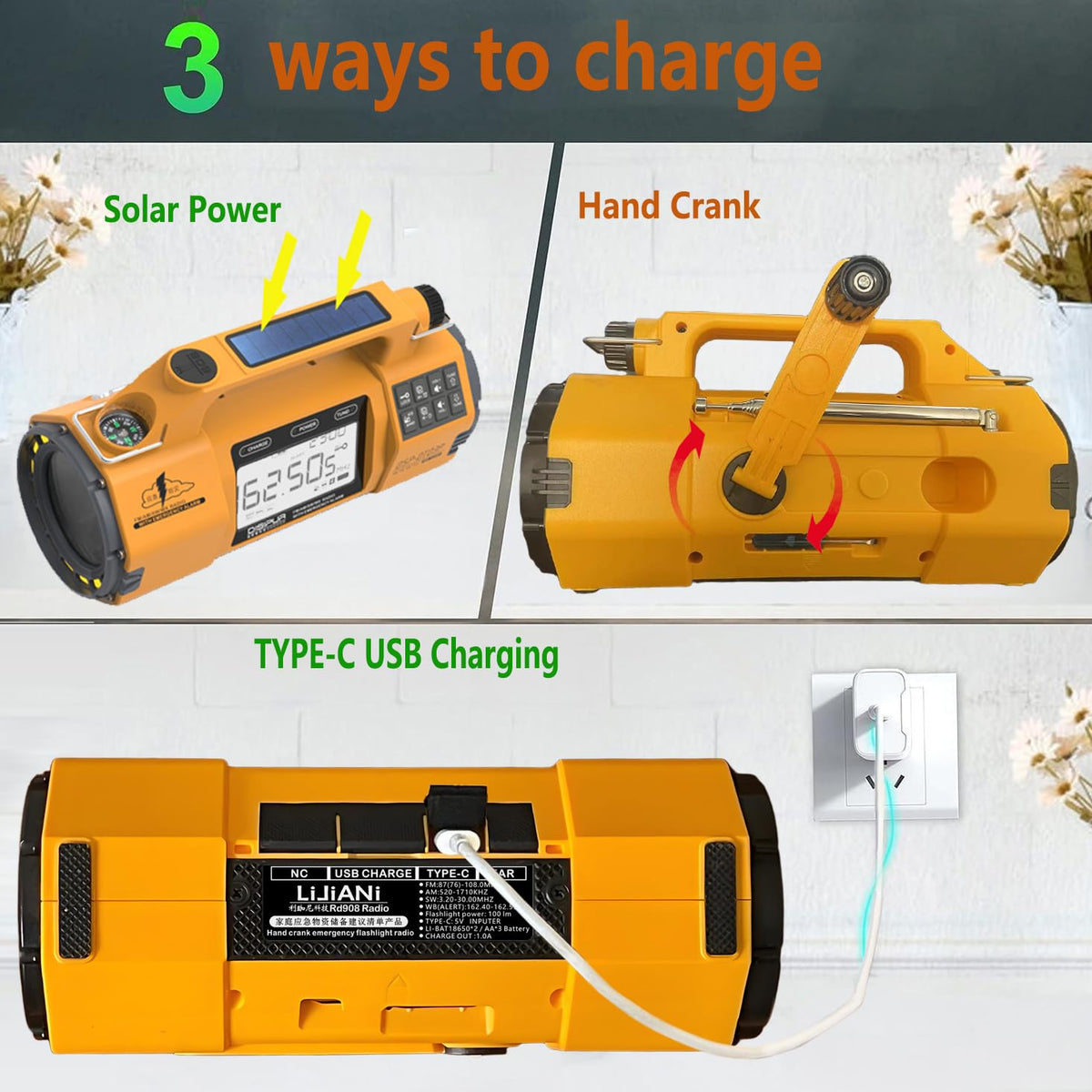 LIJIANI hand crank and Type-C ports detail enabling manual and USB recharging on demand