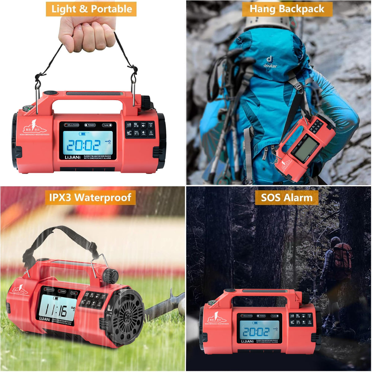 LIJIANI radio in outdoor camping scene providing weather alerts and phone charging