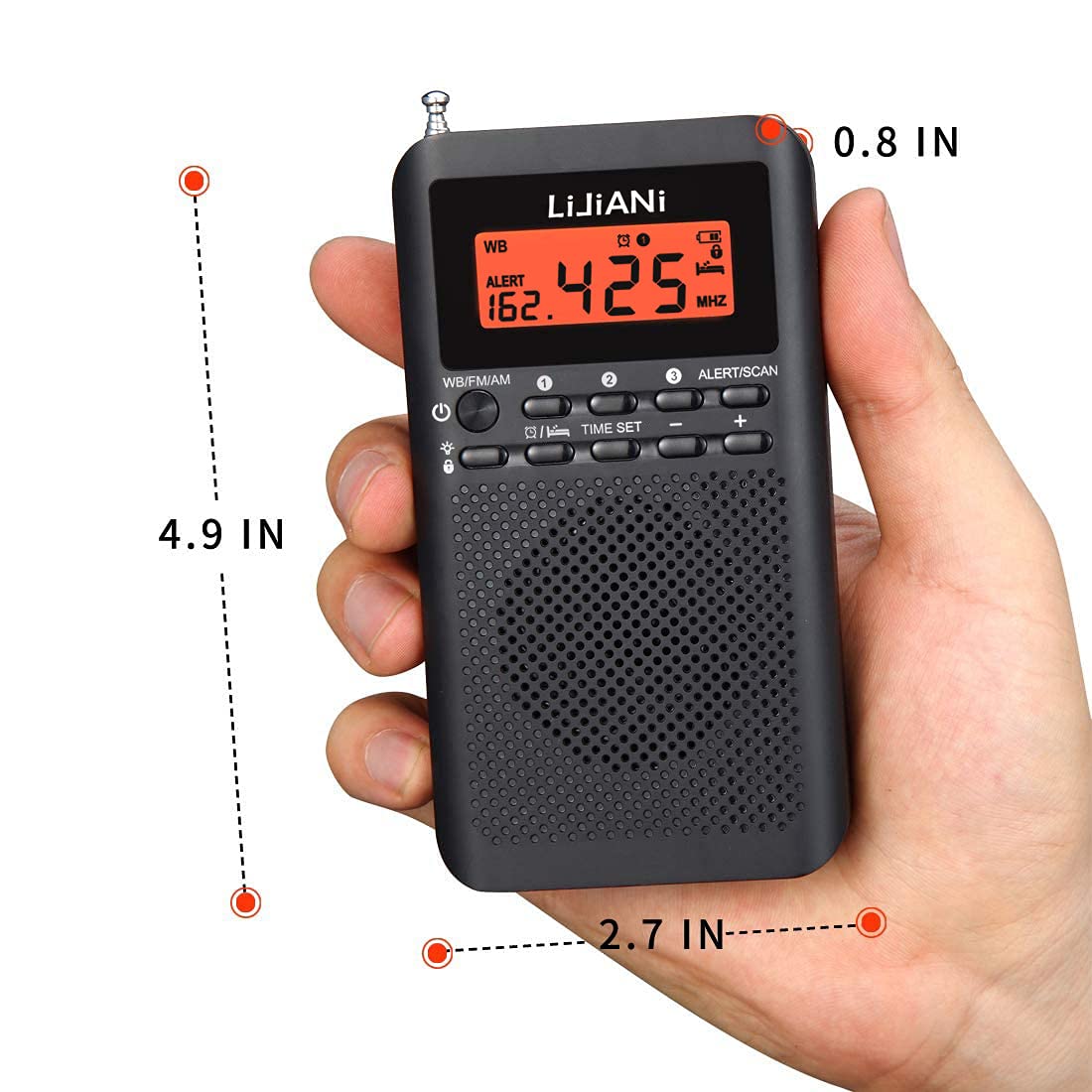 LIJIANI NOAA weather radio digital display shows time, band, and presets clearly.