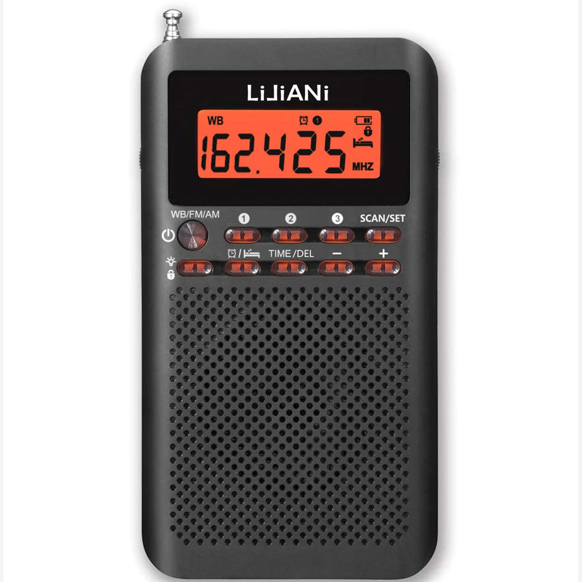 LIJIANI NOAA weather radio front view highlights compact size and clear reception.