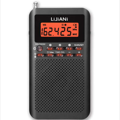 LIJIANI NOAA weather radio front view highlights compact size and clear reception.