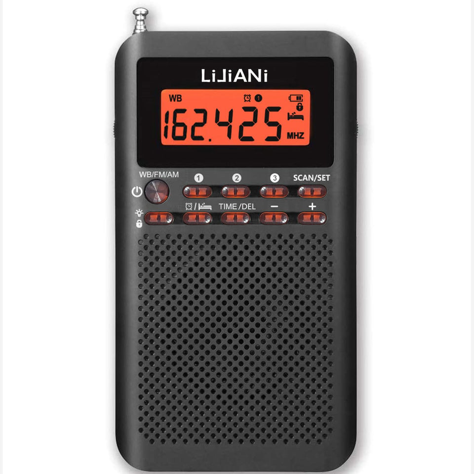 LIJIANI NOAA weather radio front view highlights compact size and clear reception.