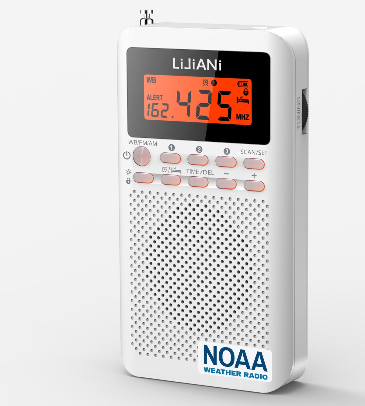LIJIANI Pocket Weather Radio front view showing portable emergency readiness