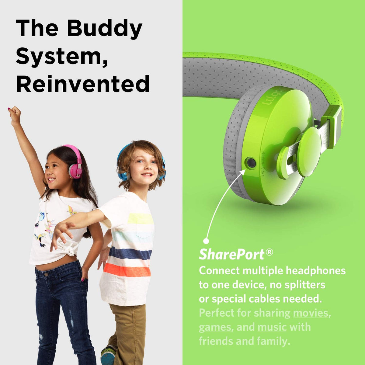 LilGadgets 3.5mm cable and SharePort connection showing group sharing benefit
