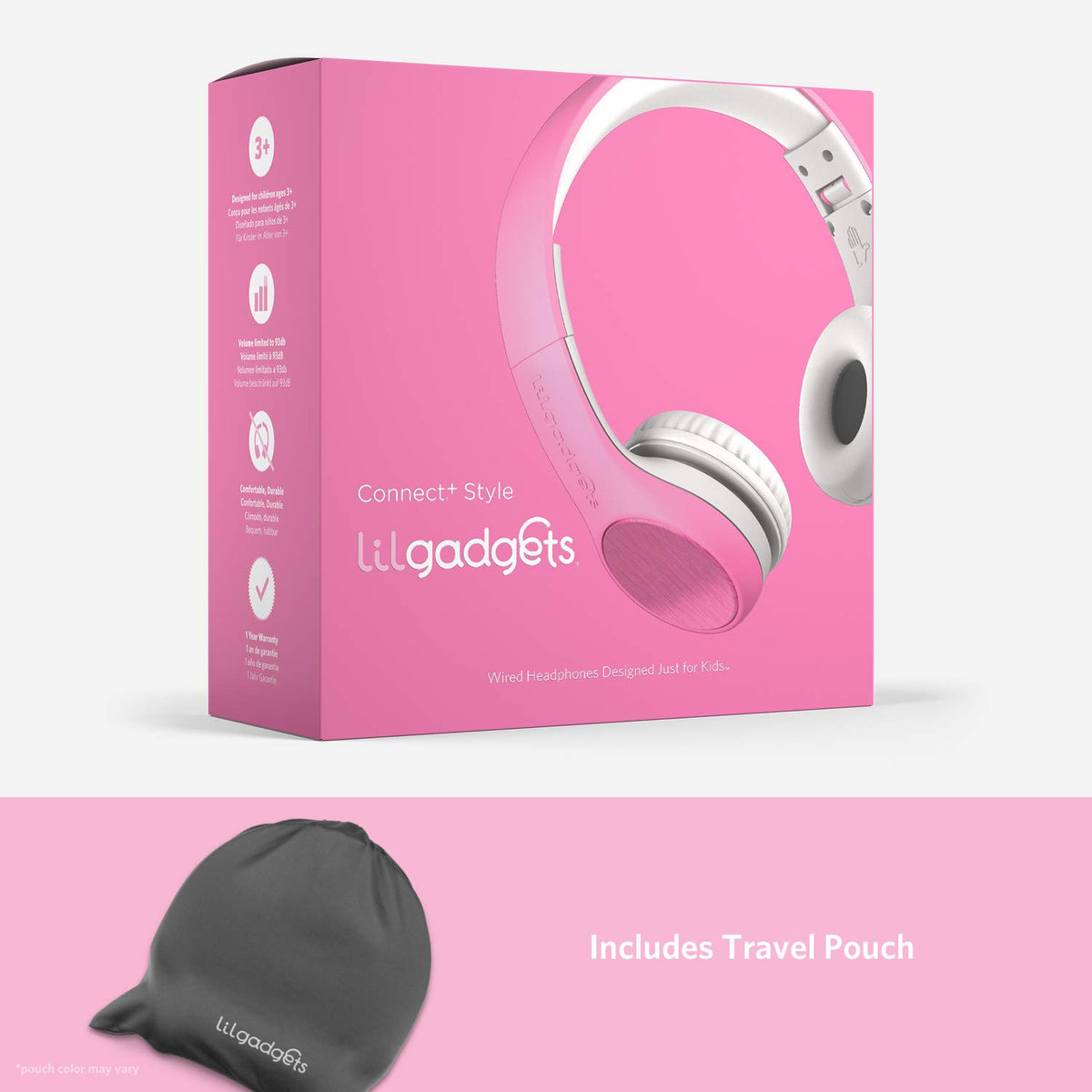 LilGadgets adjustable headband and carrying pouch for easy school storage.