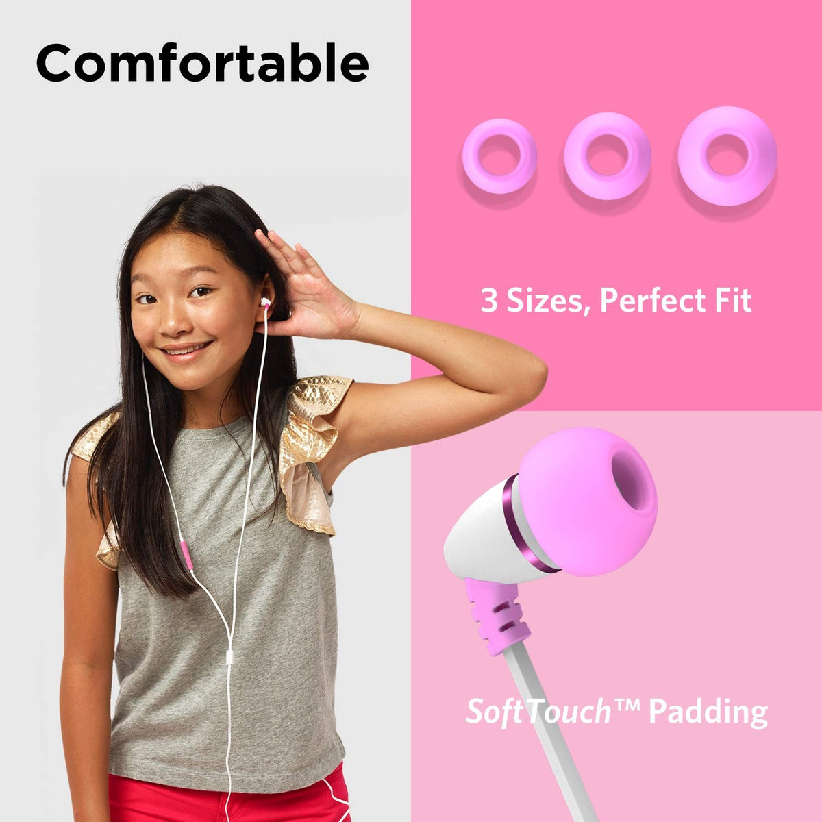 LilGadgets BestBuds pink earbuds with a tangle-free flat cable for quick, organized prep.