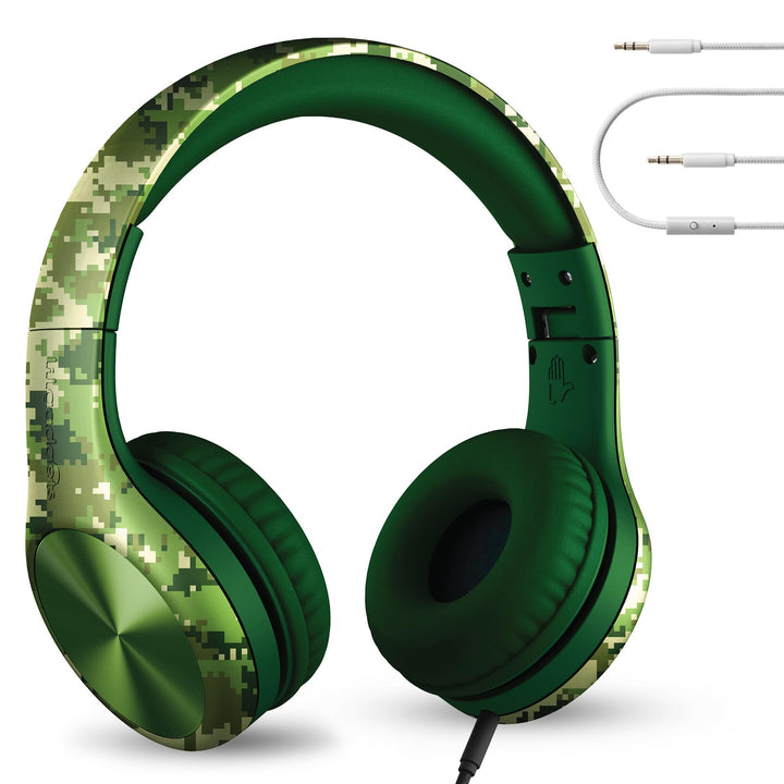 LilGadgets Connect+ Pro front view showing green digital camo and over-ear comfort