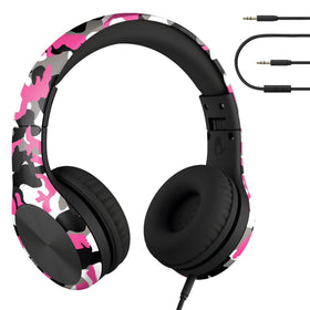 LilGadgets front view pink camo headphones showing comfy ear cups and kid-friendly style