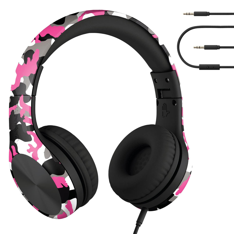 LilGadgets front view pink camo headphones showing comfy ear cups and kid-friendly style