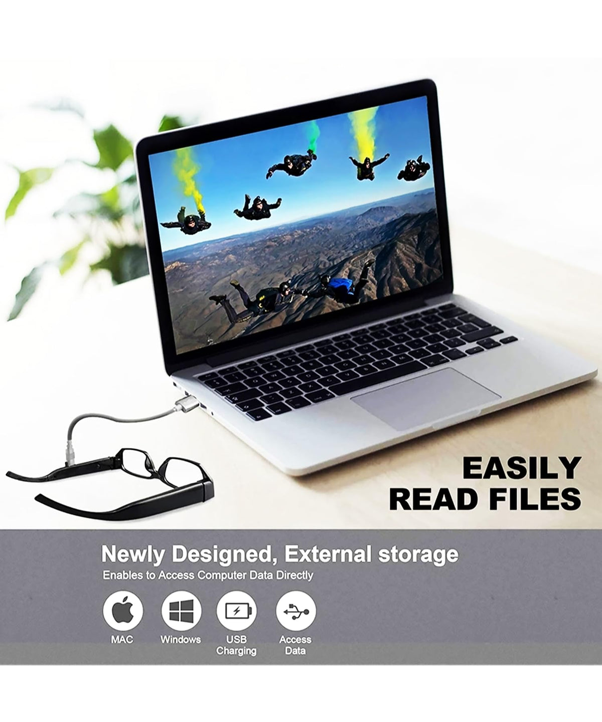 Limiete glasses connected via USB to laptop for easy file transfer and charging
