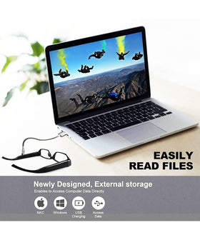 Limiete glasses connected via USB to laptop for easy file transfer and charging