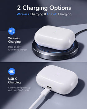 Limucc AirPods Pro replacement case on a Qi pad demonstrates wireless charging capability.