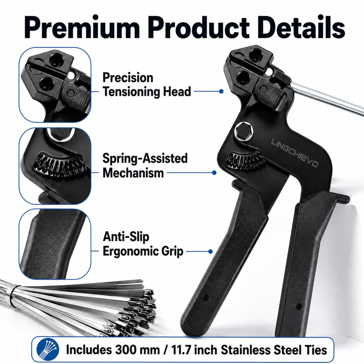 LingChievo zip tie gun with integrated cutter in action for clean cuts.