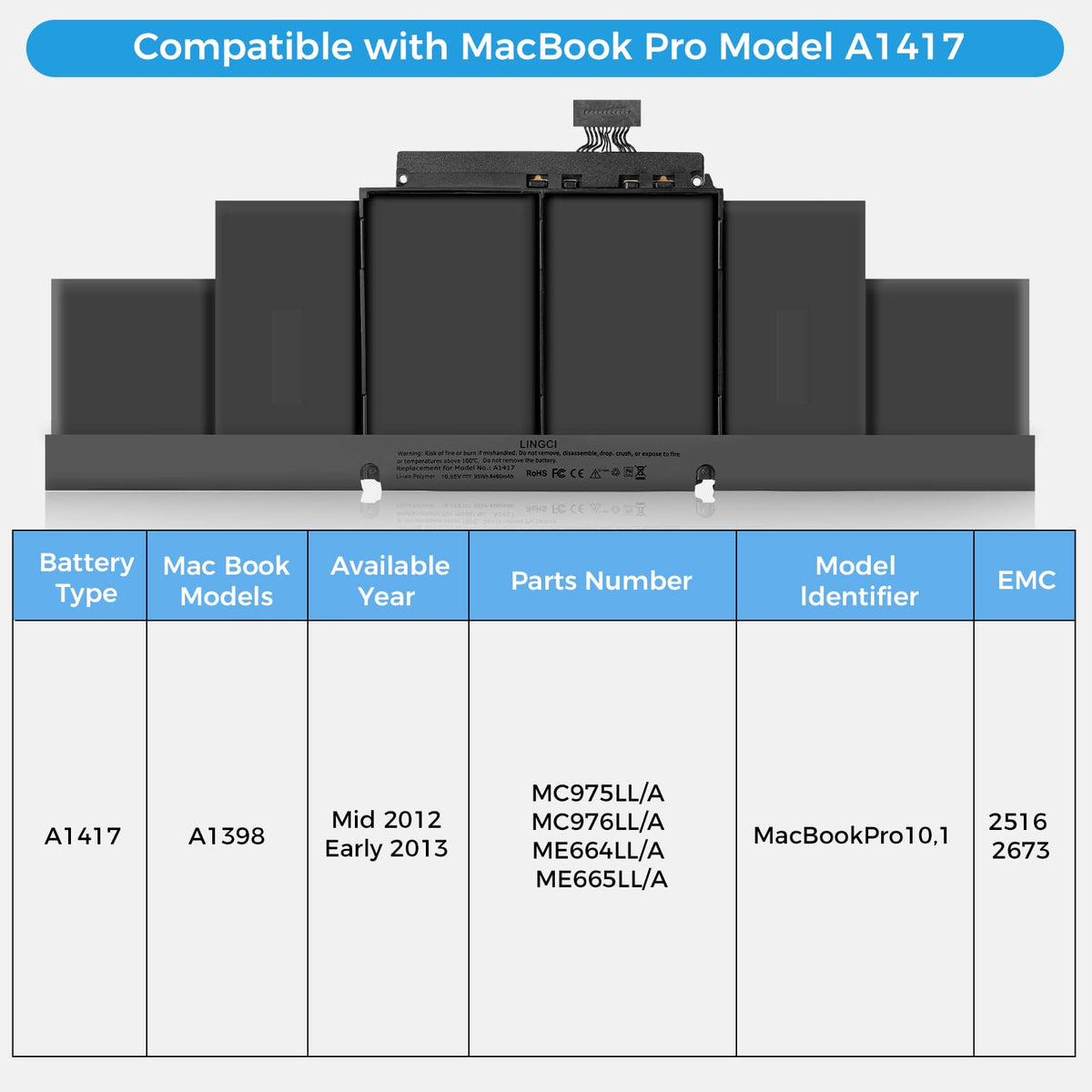 LINGCI A1398 battery unit back with labels for compatibility and safety.