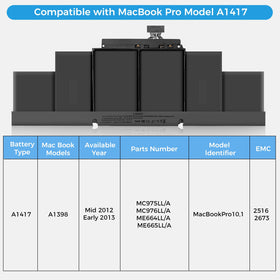 LINGCI A1398 battery unit back with labels for compatibility and safety.