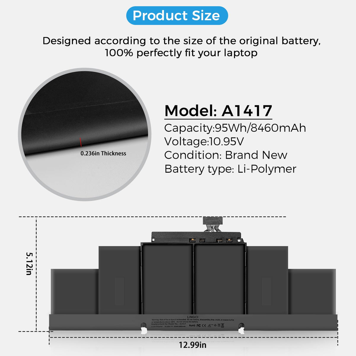 LINGCI A1417 battery specs label reveals 95Wh capacity.
