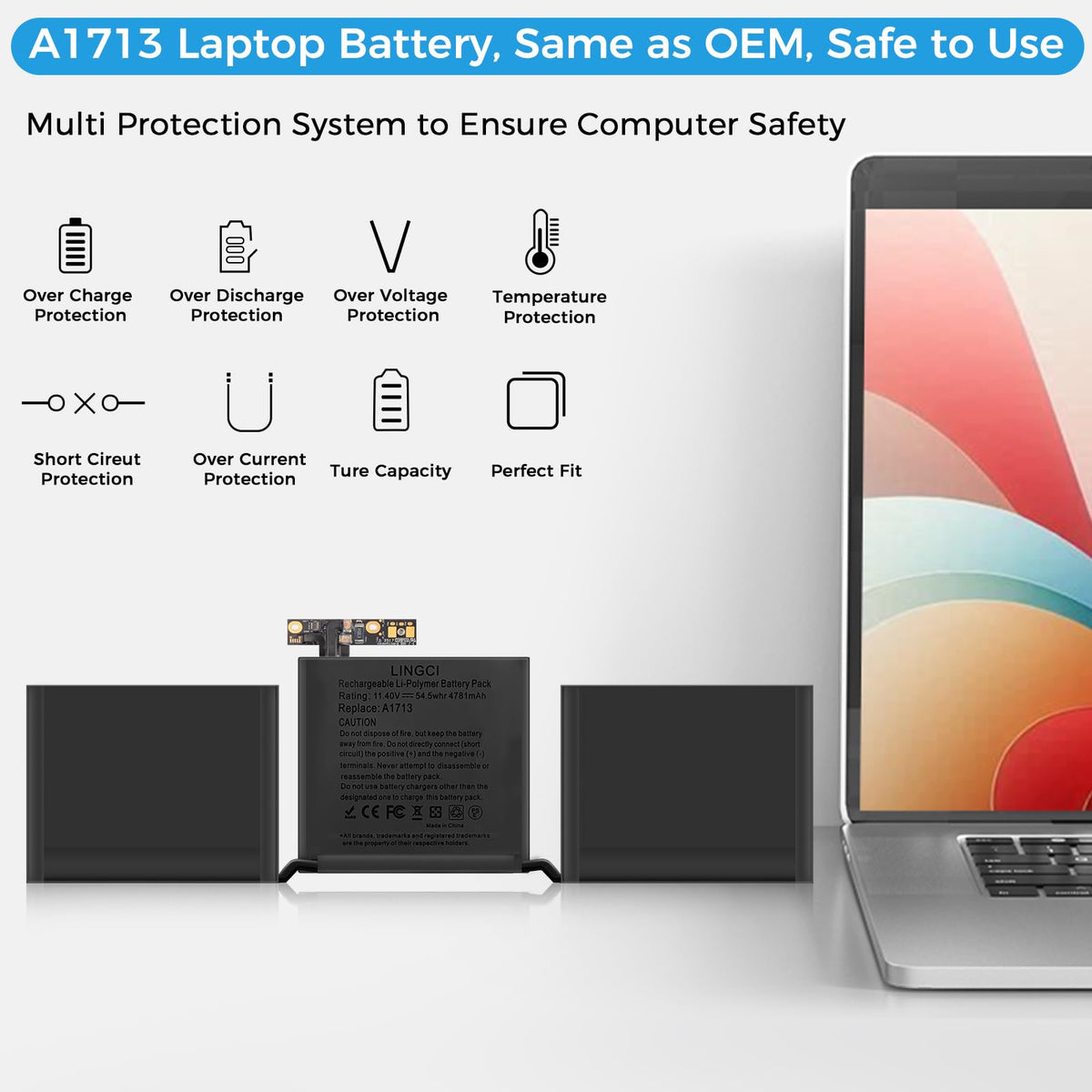 LINGCI battery installed in MacBook Pro 13 demonstrating direct fit and restored power benefit