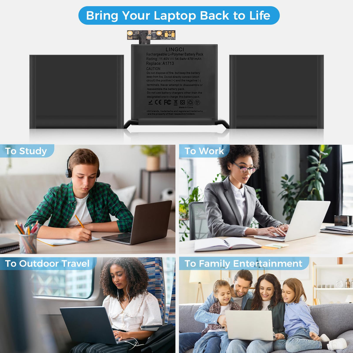 LINGCI battery staged on desk with laptop showing practical replacement and extended runtime benefit