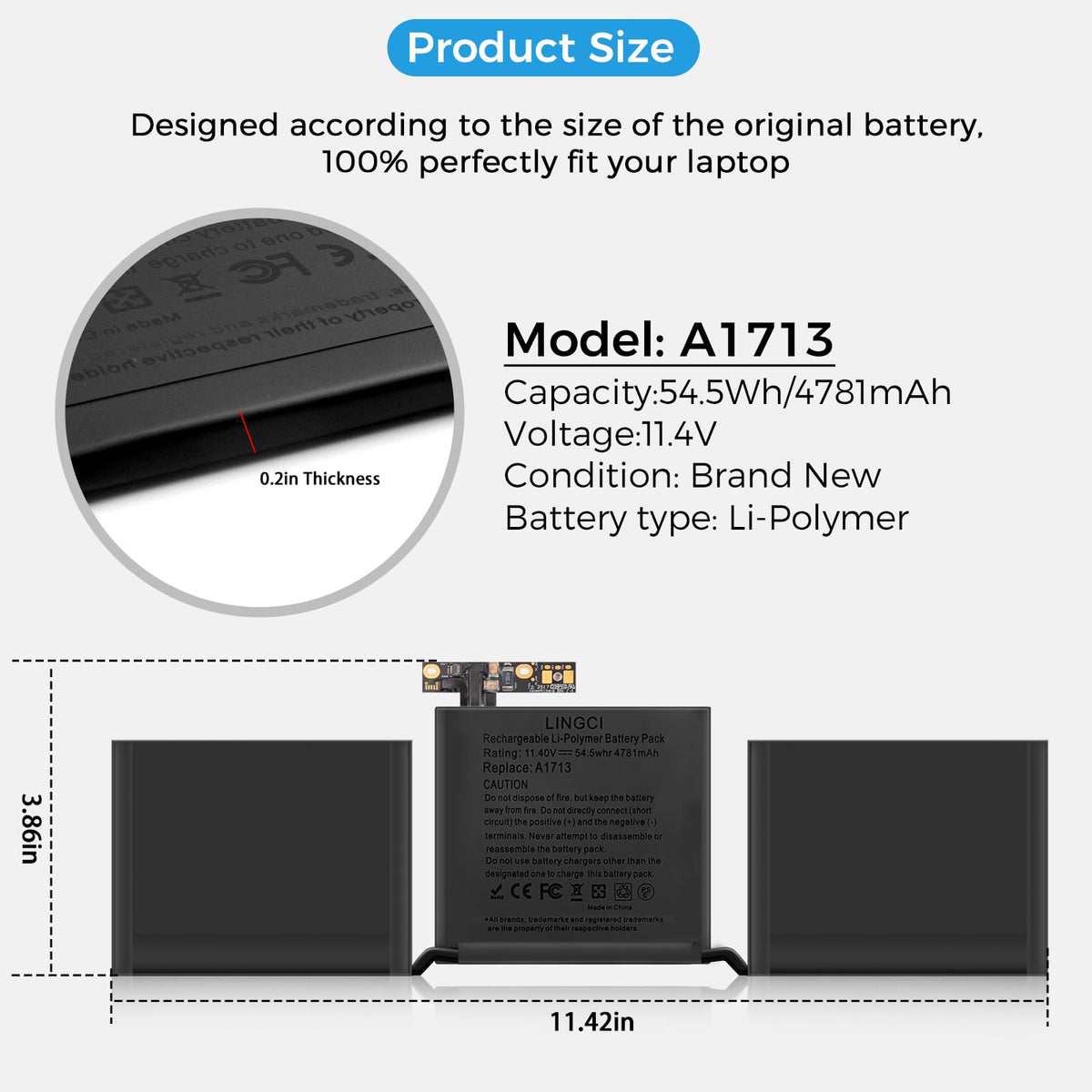 LINGCI battery beside ruler for scale comparison showing correct dimensions and fit benefit