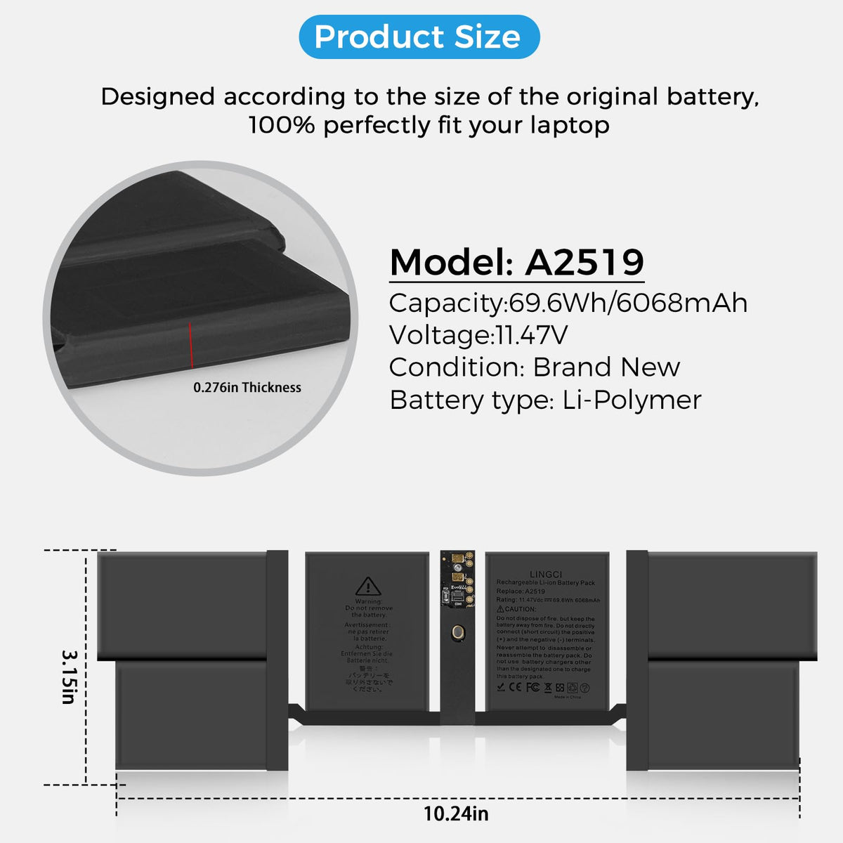 LINGCI A2519 battery digital specs label communicates capacity and safety certifications for MacBook Pro 14.