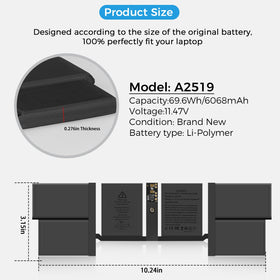 LINGCI A2519 battery digital specs label communicates capacity and safety certifications for MacBook Pro 14.