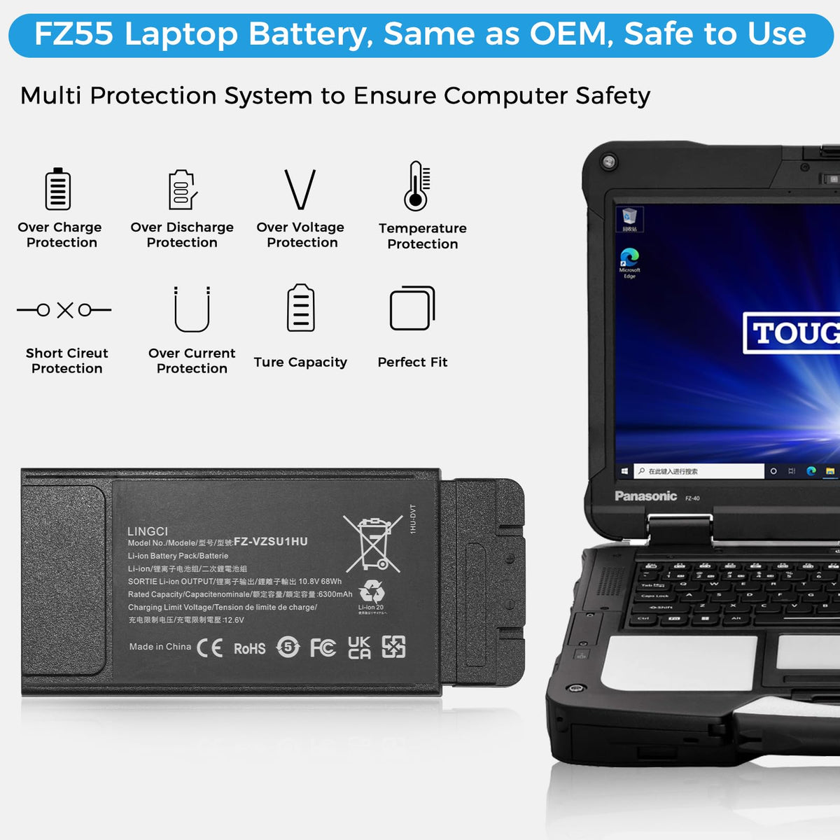 LINGCI FZ-55 battery label shows 68Wh capacity for extended sessions.