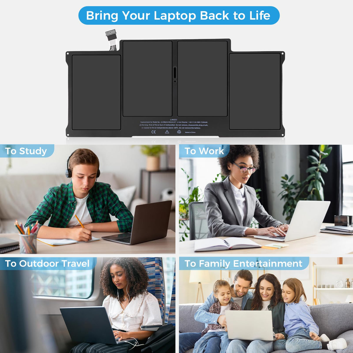 LINGCI battery in a workspace with MacBook Air showing reliable power for work