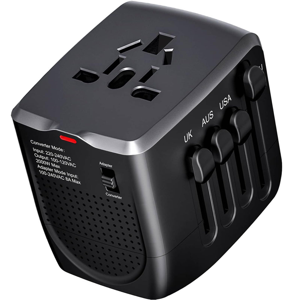 LINGPEI front view of black travel converter showing ports and compact design benefit portability