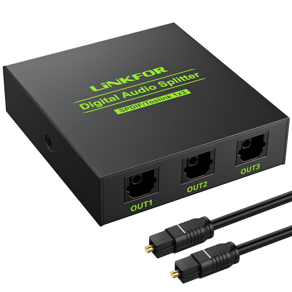 LiNKFOR digital optical audio splitter front view showing compact 1x3 output for multiple devices