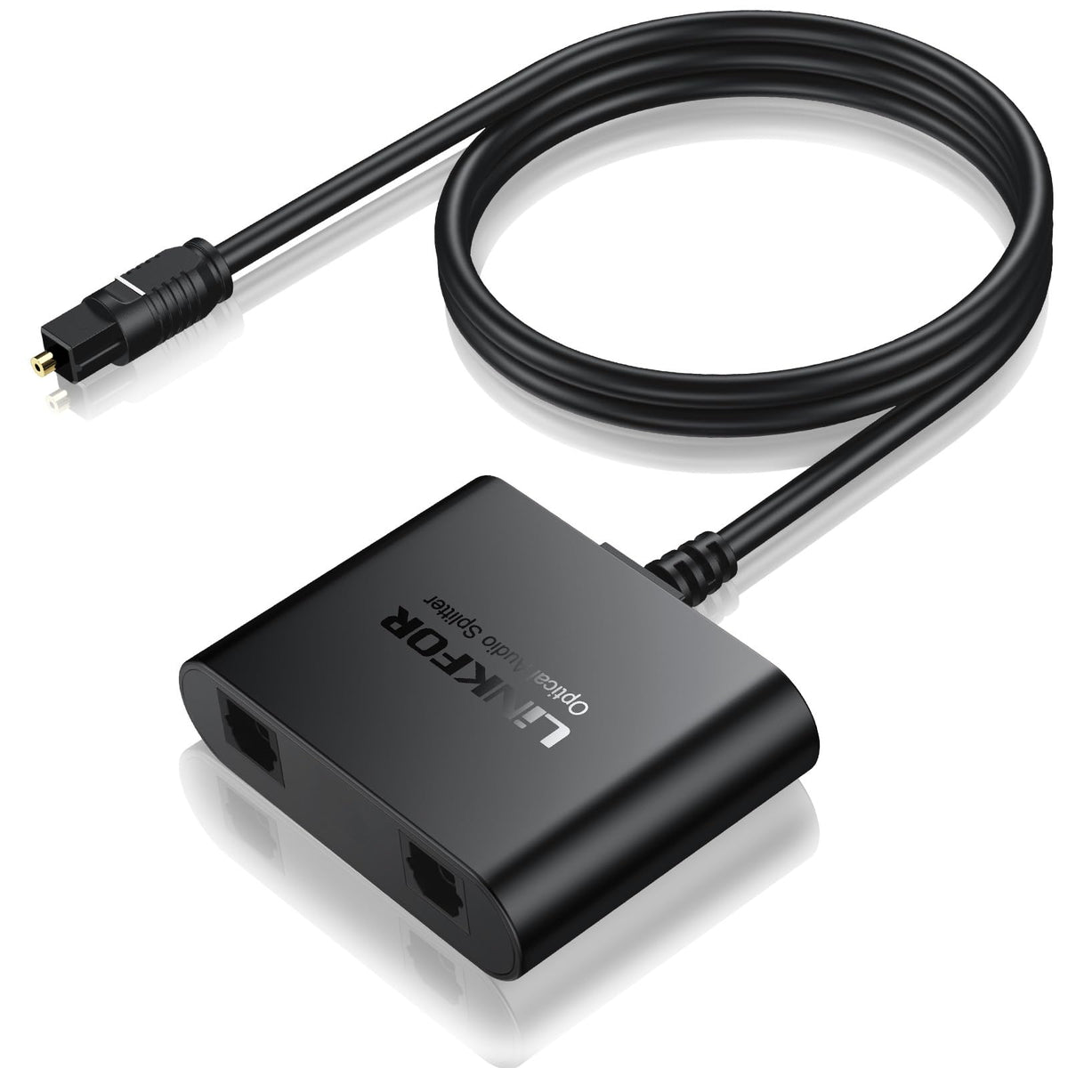 LiNKFOR front view showing dual Toslink outputs and single input, offers easy audio sharing