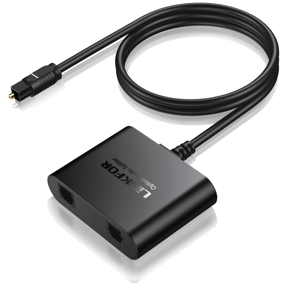 LiNKFOR front view showing dual Toslink outputs and single input, offers easy audio sharing