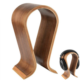 Linkidea Omega headphones stand in walnut finish on desk for organized display.