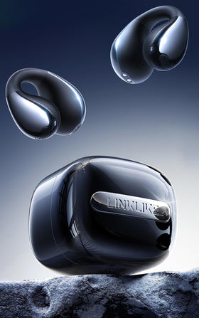 Linklike open-ear earbuds closeup shows balanced Z-Structure for all-day comfort