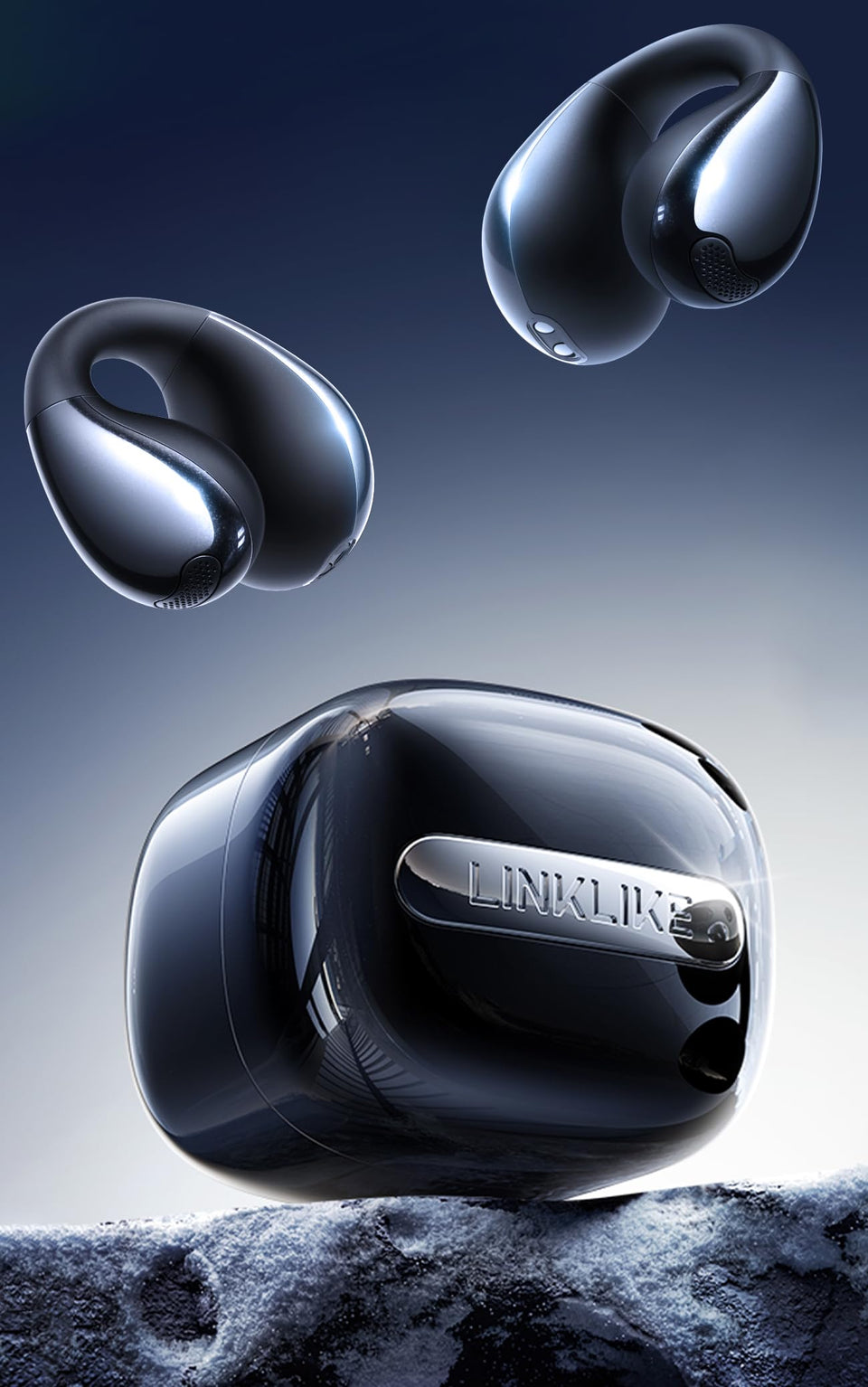 Linklike open-ear earbuds closeup shows balanced Z-Structure for all-day comfort