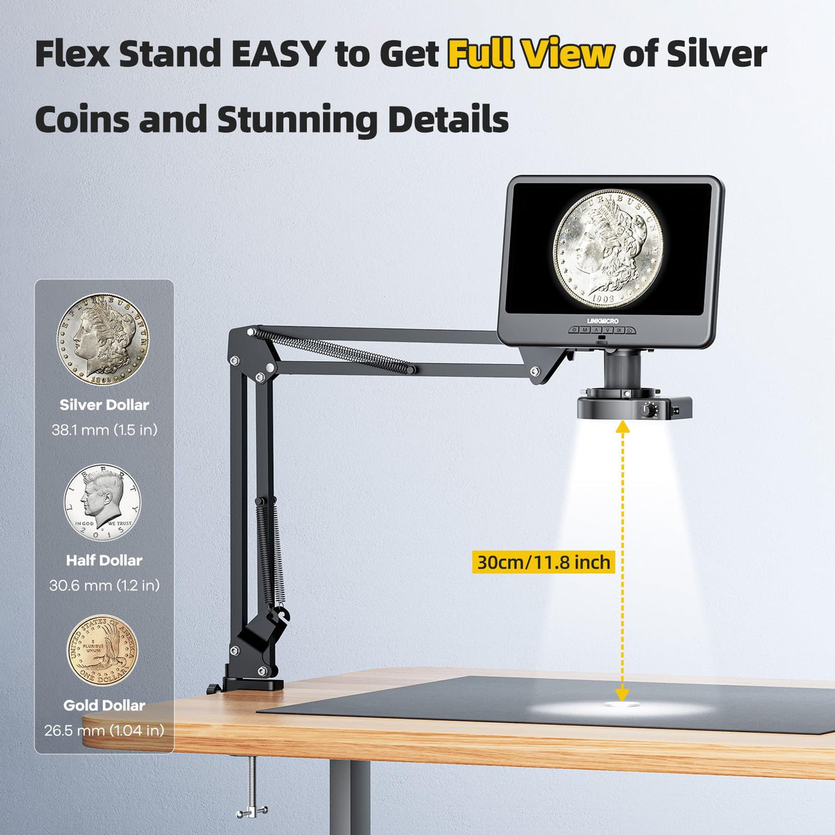 Dual lighting system highlights fine engravings and PCB traces.