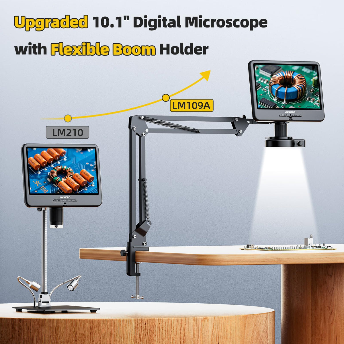Flexible arm stand enabling expansive soldering space and flexible positioning.