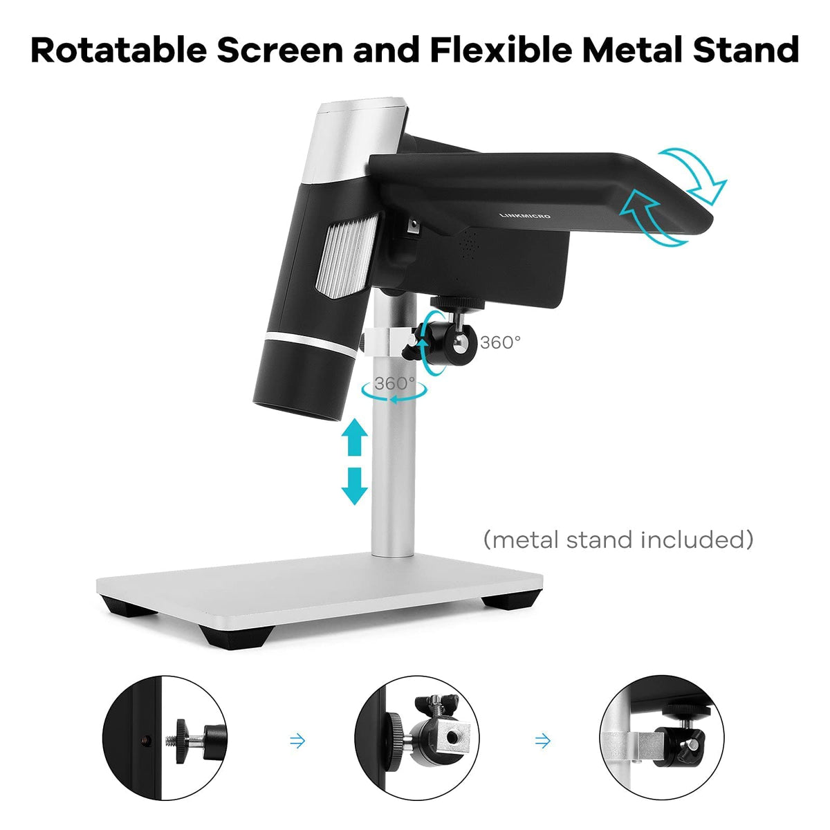 LINKMICRO LM203 with metal stand offers stable, hands-free observation.