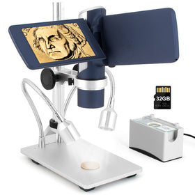 LINKMICRO LM203S HDMI microscope reveals coin detail with adjustable lighting.