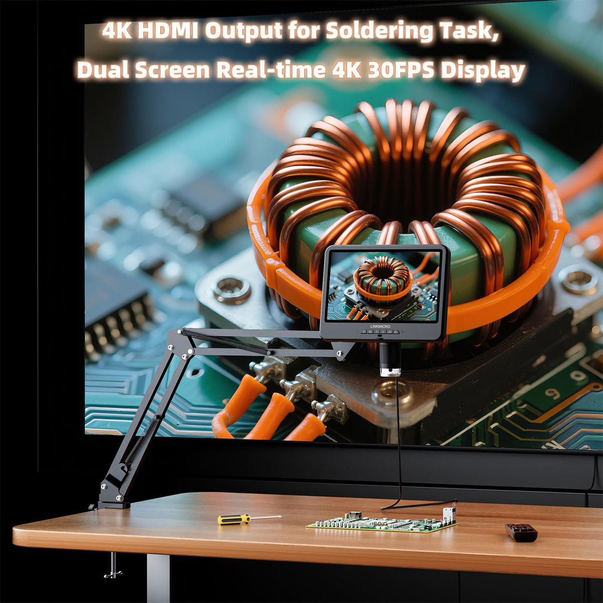 Flexible arm extended for precise electronics work with the LM208S-A