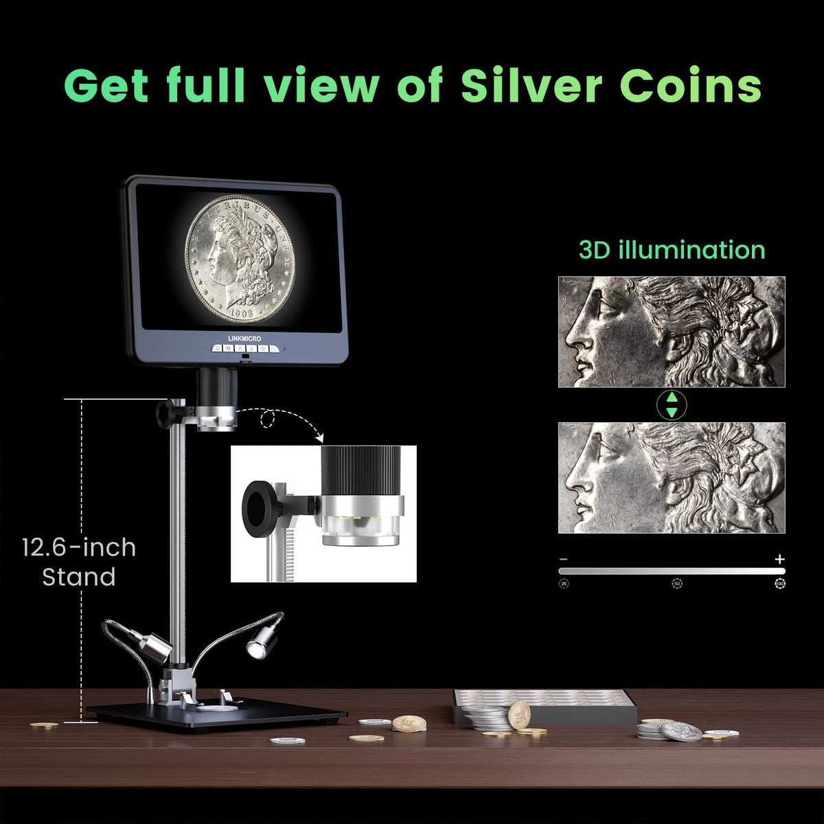 LINKMICRO LM210S full coin view with long working distance for complete inspection