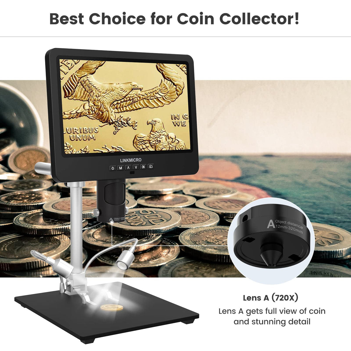LinkMicro LM249MS coin-full-view lens captures an entire coin for records.