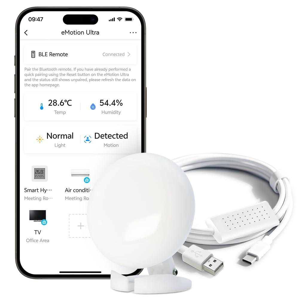 LinknLink eMotion Ultra front view showing smart sensor and status LED, easy setup benefit