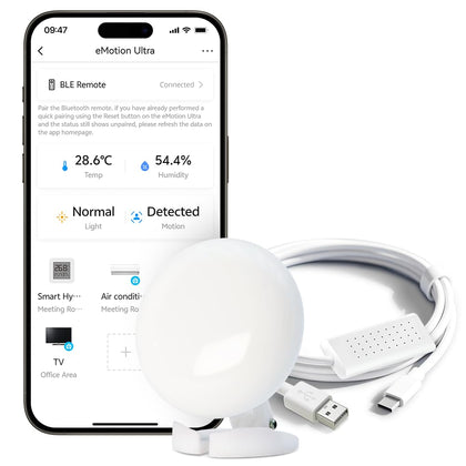 LinknLink eMotion Ultra front view showing smart sensor and status LED, easy setup benefit