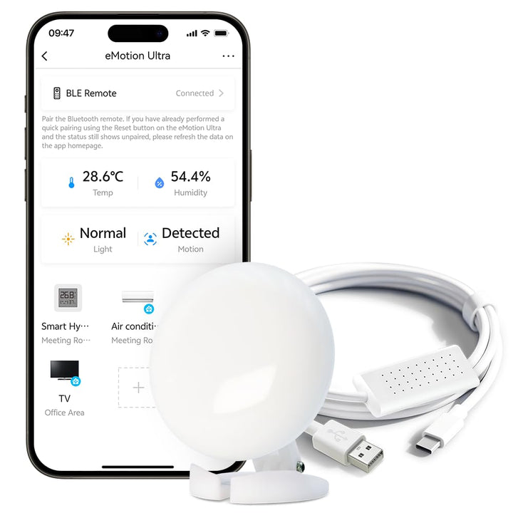 LinknLink eMotion Ultra front view showing smart sensor and status LED, easy setup benefit